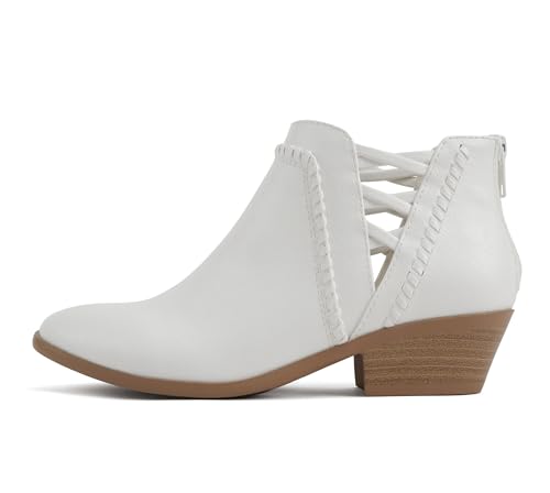 Soda Sincere Damen-Stiefelette mit niedrigem Knöchelabsatz und elastischen Kreuzriemen (breite Passform erhältlich), Weißes Pu, 38 EU Weit von Soda