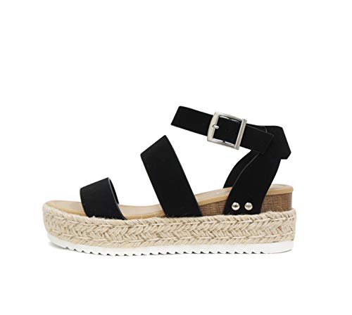 Soda Style Bryce Espadrilles mit zwei Bändern und Keilabsatz, legere Mode, flache Sandalen mit Schnalle, Knöchelriemen, Schwarz (schwarz), 38 EU von Soda