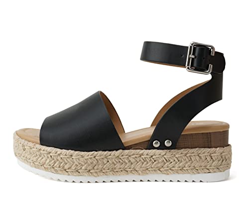 Soda Thema offene Zehenschnalle Knöchelriemen Espadrilles Flatform Keilabsatz Freizeit-Sandale, Schwarz (Black Pu), 40 EU von Soda