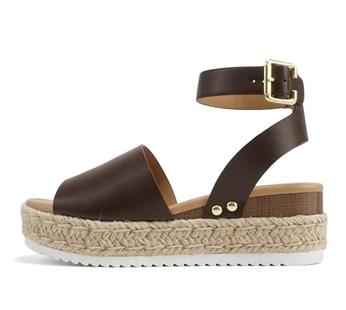 Soda Topic Espadrilles mit offener Zehenschnalle, Knöchelriemen, flache Keilabsatz, lässige Sandalen, Braun PU, 38.5 EU von Soda