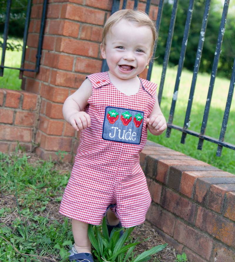 Kleiner Junge Erdbeeren Sammeln Shortall - Roter Gingham Applikation Strampler Personalisierter Name Sommer Jon Beerensammeln Outfit Bestickt von SodaCitySewing