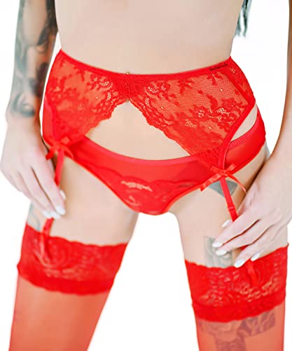 Sodacoda Damen Sexy Strumpfhalter - Verführerischer Spitzen Strapsgürtel (Rot L) von Sodacoda