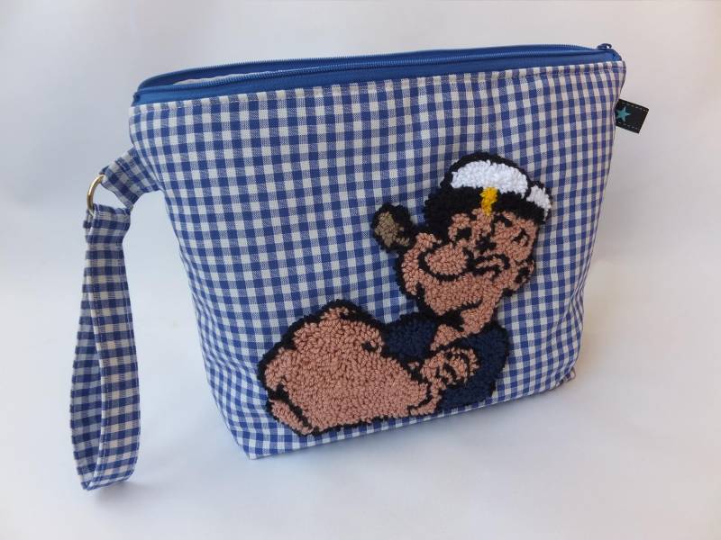 Kultur Tasche Mit Handgefertigter Punch Needle Technik, Waschtasche Kariert Kosmetiktasche Retro Comic, Cartoon von Sofeinsein