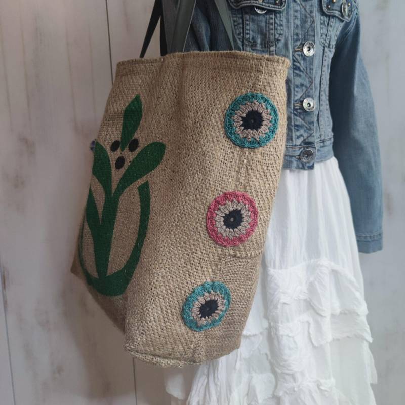 Upcycling Tasche Kaffeesack, Handgenähte Einkaufstasche Unikat, Shopper, Weckender, Stoff von Sofeinsein