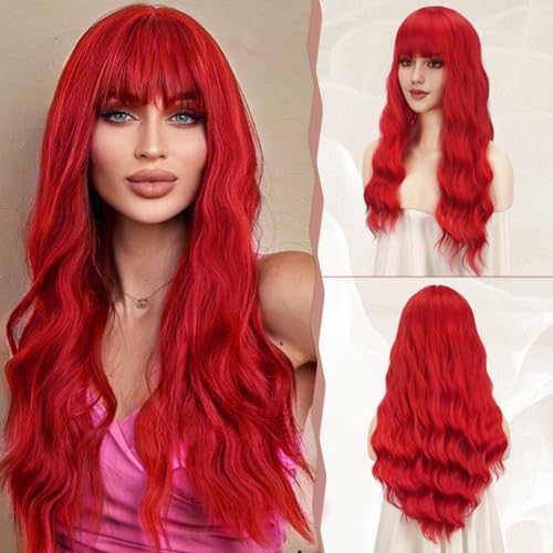 Sofeiyan 26 Zoll Lange Gewellt Haar Perücken für Frauen Rot Perücken mit Pony Natürlich Lockiges Synthetisches Haar Hitzebeständig Perücke für Party/Täglichen Gebrauch von Sofeiyan
