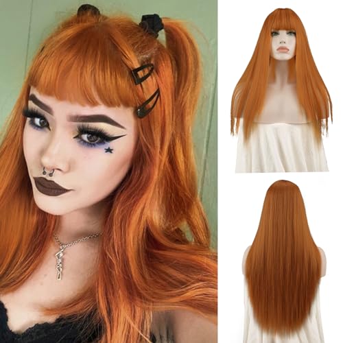 Sofeiyan Lange Gerade Perücke mit Pony Orange Natürlich Synthetisches Haar Perücken Hitzebeständige Perücke für Frauen Mädchen 26 Zoll von Sofeiyan