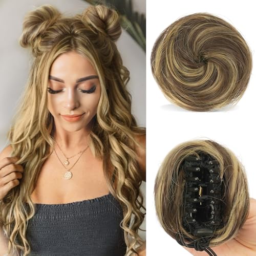 Sofeiyan 2PCS Krallen Clip in Haar Bun Mini Messy Bun Haarteile Dutt mit Klammer Synthetik Haar Scrunchies Haar Donut Chignon Pferdeschwanz Haarteil Dutt für Damen Blond & Mittelbraun von Sofeiyan