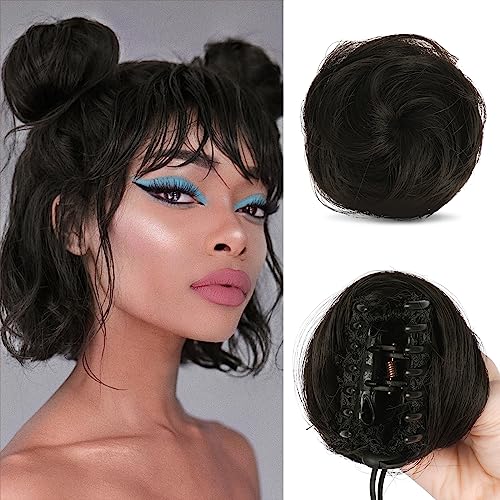 Sofeiyan 2PCS Krallen Clip in Haar Bun Mini Messy Bun Haarteile Dutt mit Klammer Synthetik Haar Scrunchies Haar Donut Chignon Pferdeschwanz Haarteil Dutt für Damen Dunkelstes Braun Neigt zu Schwarz von Sofeiyan