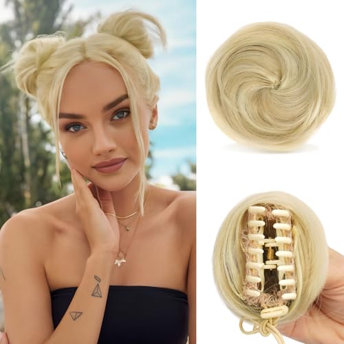 Sofeiyan 2PCS Krallen Clip in Haar Bun Mini Messy Bun Haarteile Dutt mit Klammer Synthetik Haar Scrunchies Haar Donut Chignon Pferdeschwanz Haarteil Dutt für Damen Helles Aschbraun & Bleichblond von Sofeiyan