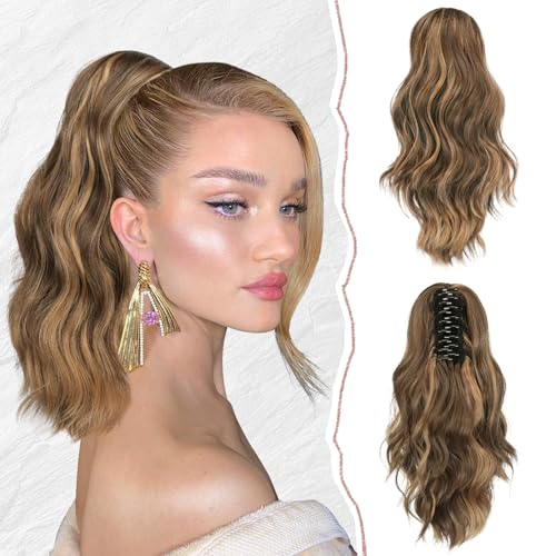 Sofeiyan Pferdeschwanz Verlängerung Clip in Klaue Haarteil Ponytail Haarverlängerung Langer Gewellt lockiger Pferdeschwanz mit Klammer Haarverlängerung Kunsthaare Hitzebeständig für Frauen, Braun von Sofeiyan