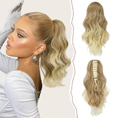 Sofeiyan Pferdeschwanz Verlängerung Clip in Klaue Haarteil Ponytail Haarverlängerung Langer Gewellt lockiger Pferdeschwanz mit Klammer Haarverlängerung Kunsthaare Hitzebeständig für Frauen, Blond von Sofeiyan