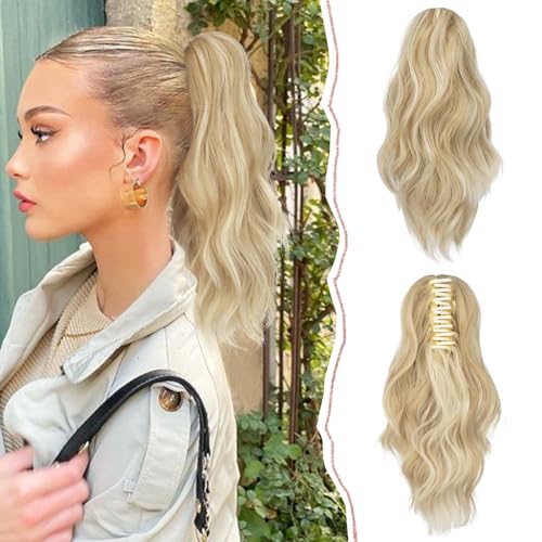Sofeiyan Pferdeschwanz Verlängerung Clip in Klaue Haarteil Ponytail Haarverlängerung Langer Gewellt lockiger Pferdeschwanz mit Klammer Haarverlängerung Kunsthaare Hitzebeständig für Frauen, Blond von Sofeiyan
