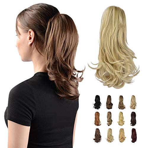 Sofeiyan 33cm Pferdeschwanzverlängerung Langer Lockiger Pferdeschwanz Clip in Klaue Haarverlängerung Natürlich Aussehendes Synthetisches Haarteil für Frauen, Hellblond-Mix Bleichblond Gleichmäßig von Sofeiyan
