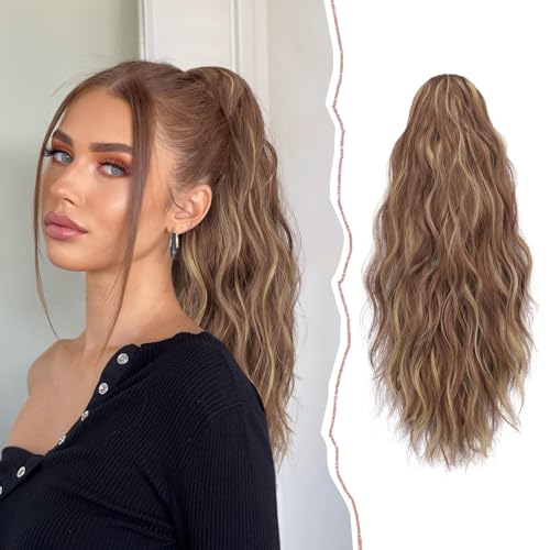 Sofeiyan Pferdeschwanz Haarteil mit Klammer, Lange Gewellt Pferdeschwanz Verlängerung Claw Clip in Ponytail Haarverlängerung Natürliche Synthetische Ponytail Extension für Frauen, 45cm Braun und Blond von Sofeiyan