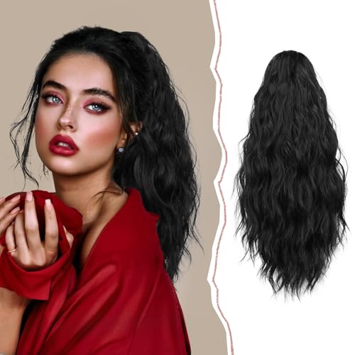 Sofeiyan Pferdeschwanz Haarteil mit Klammer, Lange Gewellt Pferdeschwanz Verlängerung Claw Clip in Ponytail Haarverlängerung Natürliche Synthetische Ponytail Extension für Frauen, 45cm Schwarz von Sofeiyan