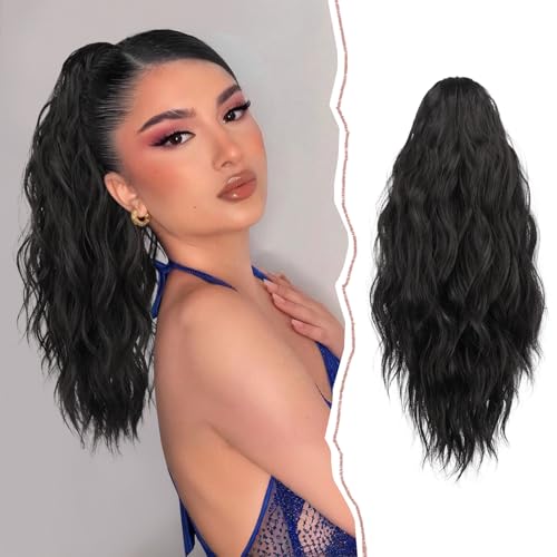 Sofeiyan Pferdeschwanz Haarteil mit Klammer Lange Gewellt Pferdeschwanz Verlängerung Claw Clip in Ponytail Haarverlängerung Natürliche Synthetische Ponytail Extension für Frauen 45cm Natürlich Schwarz von Sofeiyan