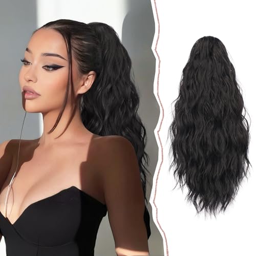 Sofeiyan Pferdeschwanz Haarteil mit Klammer, Lange Gewellt Pferdeschwanz Verlängerung Claw Clip in Ponytail Haarverlängerung Natürliche Synthetische Ponytail Extension für Frauen, 45cm Schwarz Braun von Sofeiyan