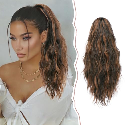 Sofeiyan Pferdeschwanz Haarteil mit Klammer Lange Gewellt Pferdeschwanz Verlängerung Claw Clip in Ponytail Haarverlängerung Natürliche Synthetische Ponytail Extension für Frauen, 45cm Braun & Rotbraun von Sofeiyan