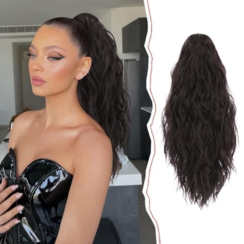 Sofeiyan Pferdeschwanz Haarteil mit Klammer, Lange Gewellt Pferdeschwanz Verlängerung Claw Clip in Ponytail Haarverlängerung Natürliche Synthetische Ponytail Extension für Frauen, 45cm Dunkelbraun von Sofeiyan