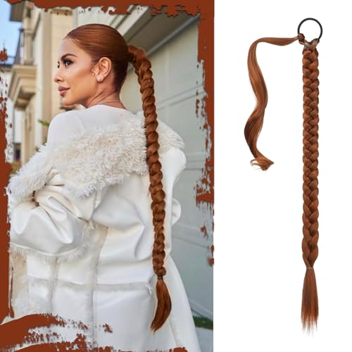 Sofeiyan Braid Extensions Pferdeschwanz Verlängerung mit Haargummi 66cm Lange Geflochtener Ponytail Verlängerung Kupferrot Natürliches Haarverlängerung Synthetisches Zopf Haarteil für Damen von Sofeiyan