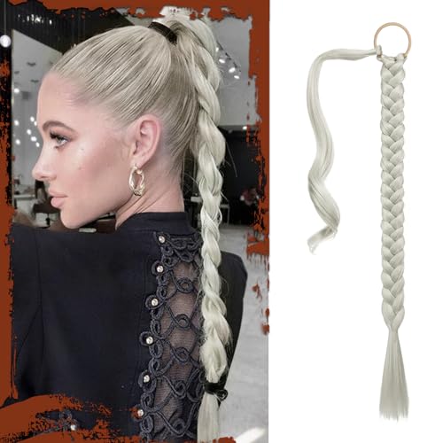 Sofeiyan Braid Extensions Pferdeschwanz Verlängerung mit Haargummi 66cm Lange Geflochtener Ponytail Verlängerung Silbernes Nebelgrau Natürliches Haarverlängerung Synthetisches Zopf Haarteil für Damen von Sofeiyan