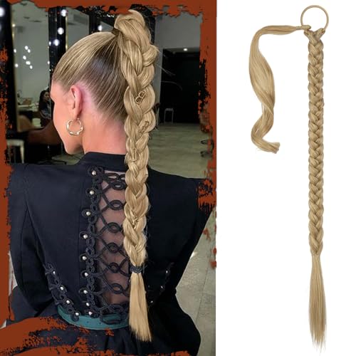 Sofeiyan Braid Extensions Pferdeschwanz Verlängerung mit Haargummi 76cm Lange Geflochtener Ponytail Verlängerung Aschblond Natürliches Haarverlängerung Synthetisches Zopf Haarteil für Damen von Sofeiyan