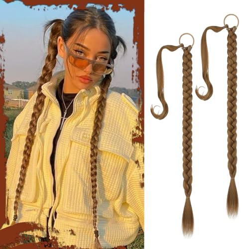 Sofeiyan Braid Extensions Pferdeschwanz Verlängerung mit Haargummi 2PCS 66cm Lange Geflochtener Ponytail Verlängerung Dunkelblond Natürliches Haarverlängerung Synthetisches Zopf Haarteil für Damen von Sofeiyan