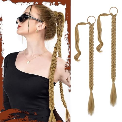 Sofeiyan Braid Extensions Pferdeschwanz Verlängerung mit Haargummi 2PCS 66cm Lange Geflochtener Ponytail Verlängerung Natürliches Haarverlängerung Synthetisches Zopf Haarteil für Damen von Sofeiyan