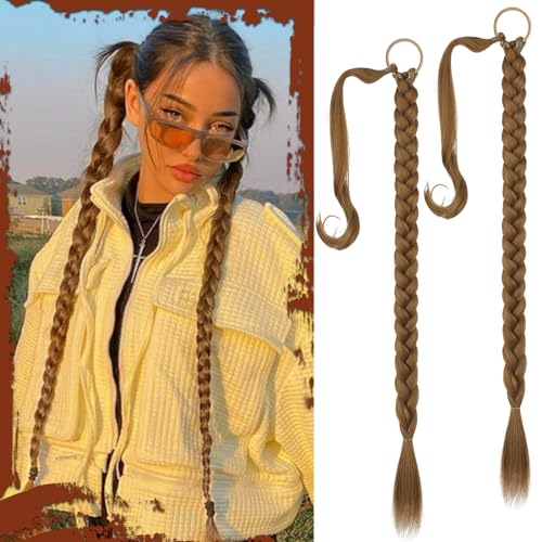 Sofeiyan Braid Extensions Pferdeschwanz Verlängerung mit Haargummi 2PCS 76cm Lange Geflochtener Ponytail Verlängerung Dunkelblond Natürliches Haarverlängerung Synthetisches Zopf Haarteil für Damen von Sofeiyan