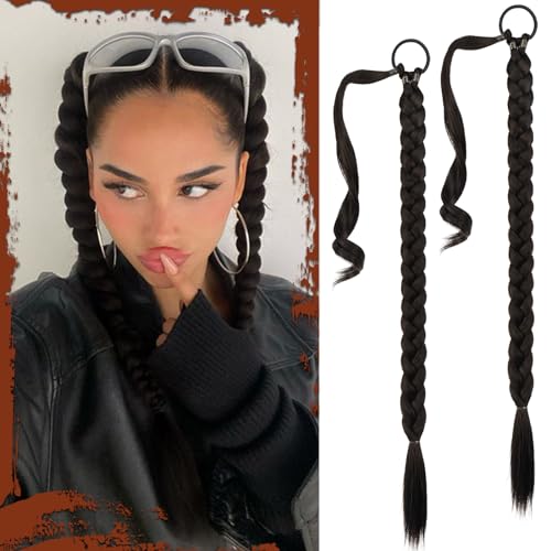 Sofeiyan Braid Extensions Pferdeschwanz Verlängerung mit Haargummi 2PCS 76cm Lange Geflochtener Ponytail Verlängerung Schwarzbraun Natürliches Haarverlängerung Synthetisches Zopf Haarteil für Damen von Sofeiyan
