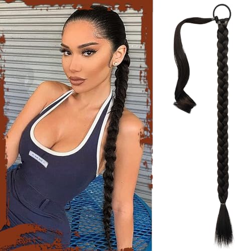Sofeiyan Braid Extensions Pferdeschwanz Verlängerung mit Haargummi 76cm Lange Geflochtener Ponytail Verlängerung Dunkelbraun Natürliches Haarverlängerung Synthetisches Zopf Haarteil für Damen von Sofeiyan