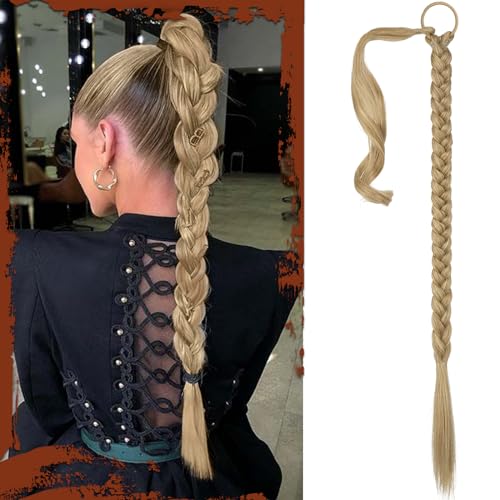 Sofeiyan Braid Extensions Pferdeschwanz Verlängerung mit Haargummi 86cm Lange Geflochtener Ponytail Verlängerung Aschblond Natürliches Haarverlängerung Synthetisches Zopf Haarteil für Damen von Sofeiyan