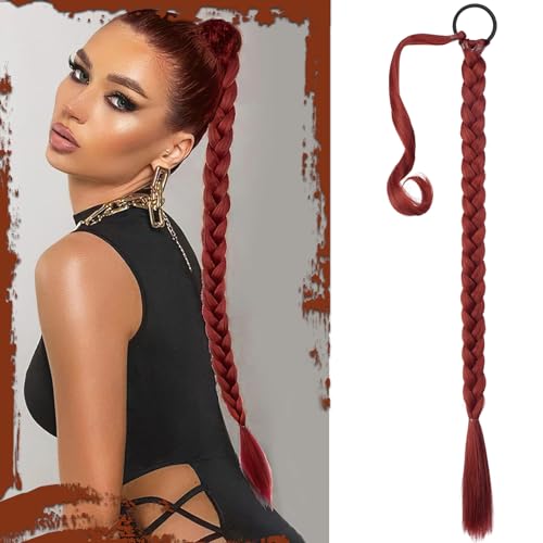 Sofeiyan Braid Extensions Pferdeschwanz Verlängerung mit Haargummi 86cm Lange Geflochtener Ponytail Verlängerung Rot Natürliches Haarverlängerung Synthetisches Zopf Haarteil für Damen von Sofeiyan