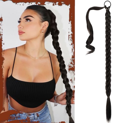 Sofeiyan Braid Extensions Pferdeschwanz Verlängerung mit Haargummi 86cm Lange Geflochtener Ponytail Verlängerung Schwarzbraun Natürliches Haarverlängerung Synthetisches Zopf Haarteil für Damen von Sofeiyan