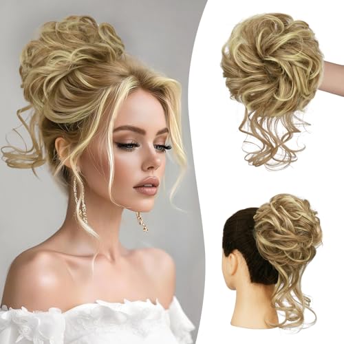Sofeiyan Haarteil mit Gummiband Gelockt Dutt Haarteil mit Haaren Hochsteckfrisuren Synthetisch Messy Bun Haar Tousled Updo Haarteile für Frauen Mädchen, Dunkelblond mit Hellblond von Sofeiyan