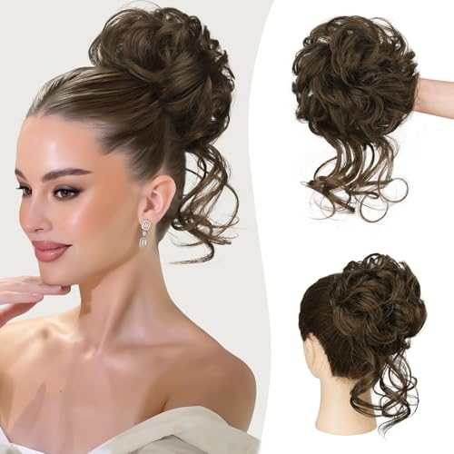 Sofeiyan Haarteil mit Gummiband Gelockt Dutt Haarteil mit Haaren Hochsteckfrisuren Synthetisch Messy Bun Haar Tousled Updo Haarteile für Frauen Mädchen, Kastanienbraun von Sofeiyan