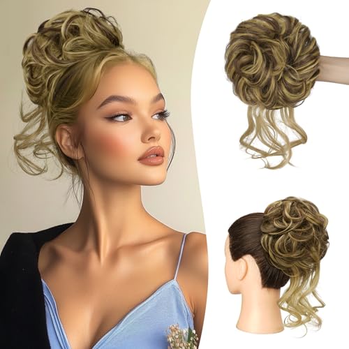 Sofeiyan Haarteil mit Gummiband Gelockt Dutt Haarteil mit Haaren Hochsteckfrisuren Synthetisch Messy Bun Haar Tousled Updo Haarteile für Frauen Mädchen, Blond mit Mittelbraun von Sofeiyan