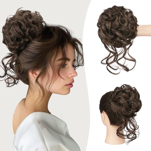 Sofeiyan Haarteil mit Gummiband Gelockt Dutt Haarteil Mit Haaren Hochsteckfrisuren Synthetisch Messy Bun Haar Tousled Updo Haarteile für Frauen Mädchen, Brünett Braun von Sofeiyan