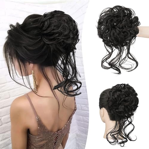 Sofeiyan Haarteil mit Gummiband Gelockt Dutt Haarteil Mit Haaren Hochsteckfrisuren Synthetisch Messy Bun Haar Tousled Updo Haarteile für Frauen Mädchen, Dunkelstes Braun von Sofeiyan