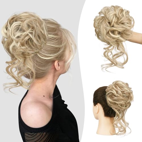 Sofeiyan Haarteil mit Gummiband Gelockt Dutt Haarteil Mit Haaren Hochsteckfrisuren Synthetisch Messy Bun Haar Tousled Updo Haarteile für Frauen Mädchen, Hell Aschbraun & Bleichblond von Sofeiyan
