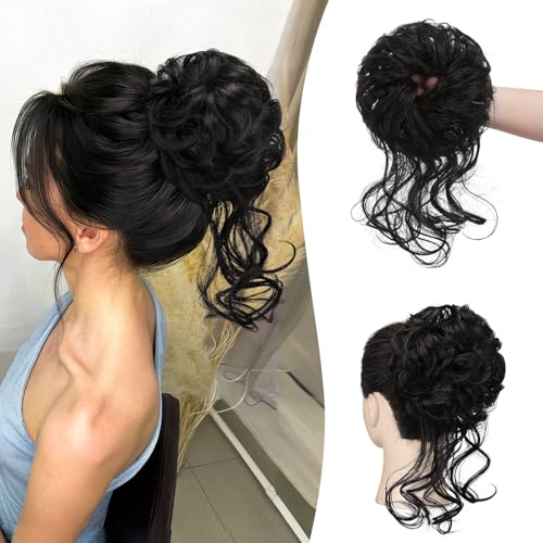 Sofeiyan Haarteil mit Gummiband Gelockt Dutt Haarteil Mit Haaren Hochsteckfrisuren Synthetisch Messy Bun Haar Tousled Updo Haarteile für Frauen Mädchen, Natürliches Schwarz von Sofeiyan