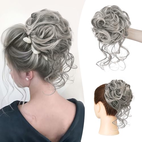 Sofeiyan Haarteil mit Gummiband Gelockt Dutt Haarteil Mit Haaren Hochsteckfrisuren Synthetisch Messy Bun Haar Tousled Updo Haarteile für Frauen Mädchen, Schwarz Mix Grau Tips von Sofeiyan