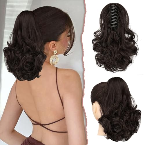 Sofeiyan Pferdeschwanz Verlängerung 28cm Klaue Clip in Pferdeschwanz Haarverlängerungen Kurz Lockig Gewellt Pferdeschwanz Extensions Synthetisches Haarteil für Frauen, Dunkelbraun von Sofeiyan
