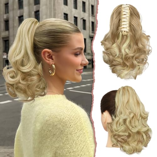 Sofeiyan Pferdeschwanz Verlängerung 28cm Klaue Clip in Pferdeschwanz Haarverlängerungen Kurz Lockig Gewellt Pferdeschwanz Extensions Synthetisches Haarteil für Frauen, Helles Aschbraun & Bleichblond von Sofeiyan