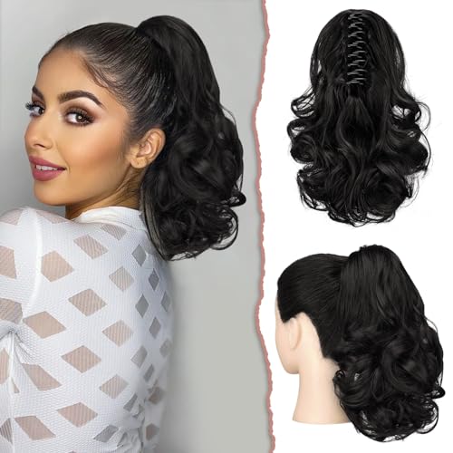 Sofeiyan Pferdeschwanz Verlängerung 28cm Klaue Clip in Pferdeschwanz Haarverlängerungen Kurz Lockig Gewellt Pferdeschwanz Extensions Synthetisches Haarteil für Frauen, Natürliches Schwarz von Sofeiyan