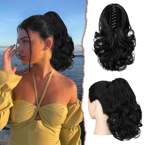 Sofeiyan Pferdeschwanz Verlängerung 28cm Klaue Clip in Pferdeschwanz Haarverlängerungen Kurz Lockig Gewellt Pferdeschwanz Extensions Synthetisches Haarteil für Frauen, Schwarz von Sofeiyan