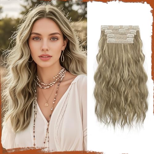 Sofeiyan Clip in Extensions, 4PCS 40 cm Haarverlängerung für Damen, Lockige Dicke Synthetische Haarextensions zum Einklippen Natürliches Weiches Clip in Haarteil – Karamellbraun mit Beigeblond von Sofeiyan