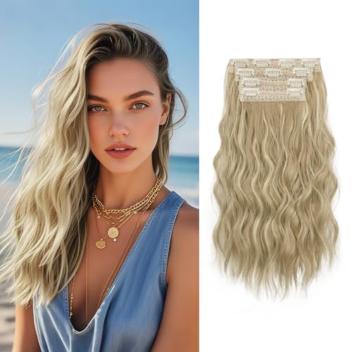 Sofeiyan Clip in Extensions, 4PCS 40 cm Haarverlängerung für Damen, Lockige Dicke Synthetische Haarextensions zum Einklippen Natürliches Weiches Clip in Haarteil – Dunkles Aschblond mit Hellblond von Sofeiyan