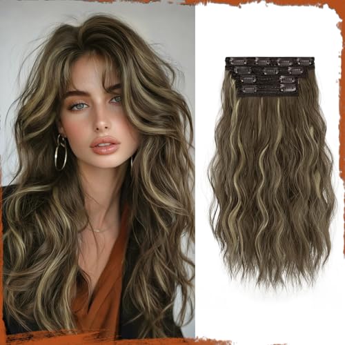 Sofeiyan Clip in Extensions, 4PCS 40 cm Haarverlängerung für Damen, Lockige Dicke Synthetische Haarextensions zum Einklippen Natürliches Weiches Clip in Haarteil – Brünett mit Aschblond von Sofeiyan
