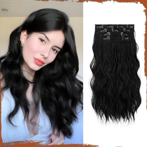 Sofeiyan Clip in Extensions, 4PCS 40 cm Haarverlängerung für Damen, Lockige Dicke Synthetische Haarextensions zum Einklippen Natürliches Weiches Clip in Haarteil – Schwarz von Sofeiyan